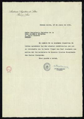 Carta del secretario de la Academia Argentina de Letras, Arturo Marasso, al secretario, Julio Cas...