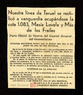 Nuestra línea de Teruel se rectificó a vanguardia ocupándose la cota 1.083, María Lovela y Más de...
