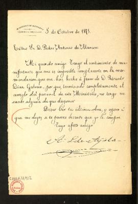 Carta de Adelardo López de Ayala a Pedro Antonio de Alarcón con los motivos por los que no puede ...