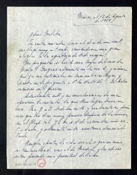 Carta de Blanca a Melchor Fernández Almagro en la que le dice que se recupera lentamente de una o...