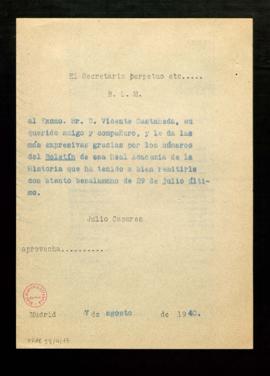 Copia del besalamano de Julio Casares a Vicente Castañeda Alcover en el que agradece los números ...