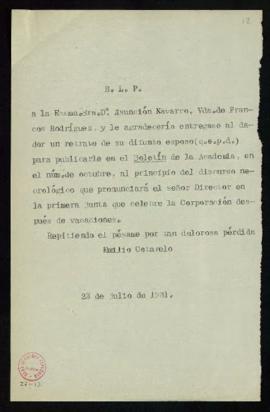 Copia sin firma del besalamano del secretario, Emilio Cotarelo, a Asunción Navarro, viuda de [Jos...