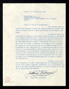 Carta de Guillermo Bustamante a Ramón Menéndez Pidal en la que presenta sus condolencias por el f...