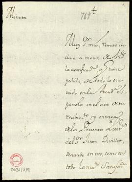Minuta de la carta de Francisco Antonio de Angulo a Basquiat de Lahouze con la que le envía la ce...