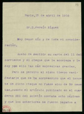Carta de Miguel de Toro y Gisbert a Fermín Míguez en la que acusa recibo del cheque, que agradece...