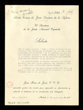 Saluda de Juan Bosco de Jesús, secretario de la Junta Nacional Española, con la invitación al hom...