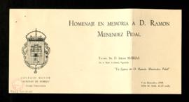 Programa del Homenaje en memoria a D. Ramón Menéndez Pidal en el Colegio Mayor Antonio de Nebrija...