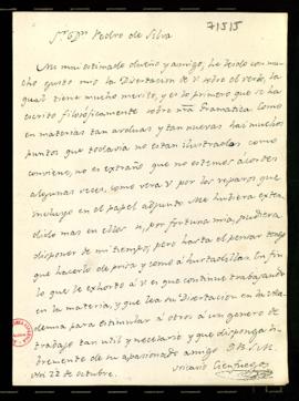 Carta de Nicasio Álvarez Cienfuegos a Pedro de Silva en la que le felicita por su disertación sob...
