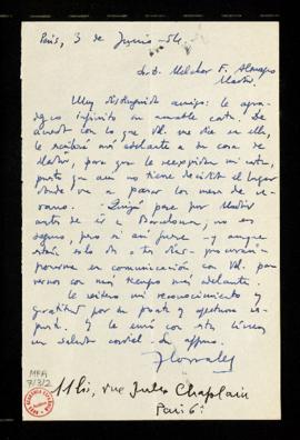 Carta de J. Corrales a Melchor Fernández Almagro en la que le agradece su pronta respuesta y le d...