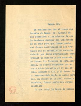 Copia sin firma del oficio del secretario a Julio Urquijo de traslado de su designación como miem...