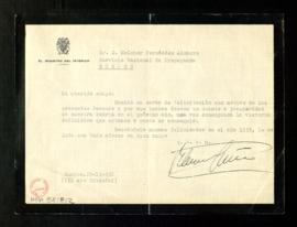 Carta de Paulino Gómez, ministro del Interior, a Melchor Fernández Almagro en la que acusa recibo...