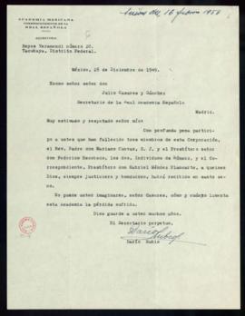 Carta de Darío Rubio, secretario de la Academia Mexicana, a Julio Casares, secretario de la Real ...