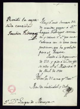 Orden de Manuel de Lardizábal del pago a Joaquín Fabregat de 720 reales de vellón por una cabecer...