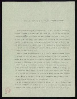 Minuta de la carta de Emilio Cotarelo a Serafín y Joaquín Álvarez Quintero en la que les comunica...