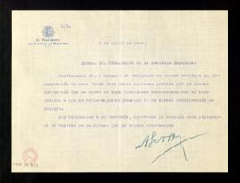Carta de Alejandro Lerroux, presidente del Consejo de Ministros, al presidente de la Real Academi...