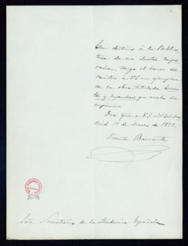 Carta de Vicente Barrantes al secretario [Manuel Tamayo y Baus] con la que remite un ejemplar de ...