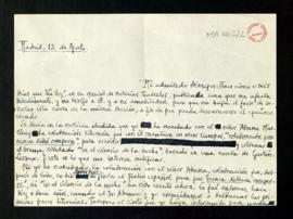 Carta de Enrique Jardiel Poncela a Melchor Fernández Almagro en la que le pide que la inserte en ...