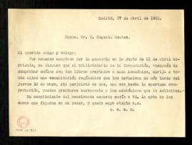 Minuta de la circular del secretario a Eugenio Montes con la que le envía la nota con las obras d...