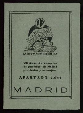 Carpetilla de La Información Periodística, oficina de recortes de periódicos de Madrid, provincia...