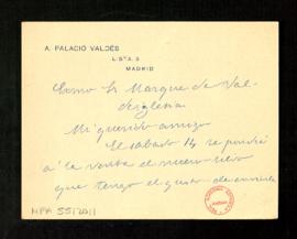 Carta de Armando Palacio Valdés al marqués de Valdeiglesias con la que le envía el libro que se p...