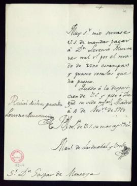 Orden de Manuel de Lardizábal del pago a Lorenzo Muntaner de 1000 reales de vellón por el tirado ...