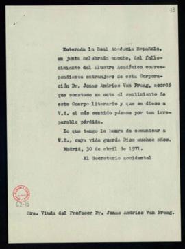 Copia del oficio de pésame de Julio Casares a H. E. van Praag por el fallecimiento de su marido, ...