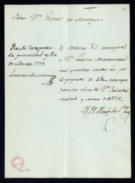 Orden del marqués de Santa Cruz del pago a Lorenzo Muntaner de 1400 reales de vellón por 4000 est...