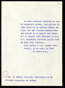 Copia sin firma del oficio del secretario a Carlos Obligado, secretario de la Academia Argentina ...