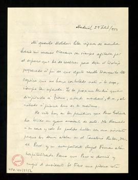 Carta de V. Gállego a Melchor Fernández Almagro en la que se disculpa por no haberle escrito ante...