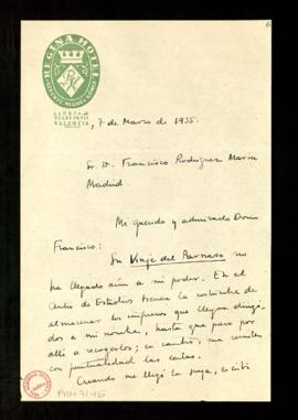 Carta de Dámaso Alonso a Francisco Rodríguez Marín en la que le dice que no ha llegado aún a su p...