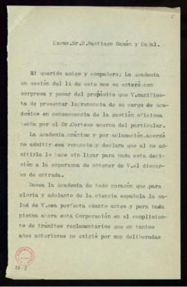Minuta del oficio de Ramón Menéndez Pidal a Santiago Ramón y Cajal de traslado del acuerdo de la ...