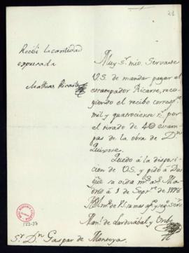 Orden de Manuel de Lardizábal del pago a Matías Ricarte de 1400 reales de vellón por 400 estampas...