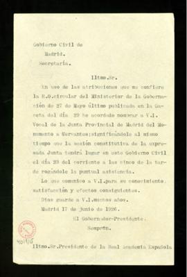 Copia sin firma del oficio del gobernador civil y presidente de Madrid, Semprún, a Ramón Menéndez...