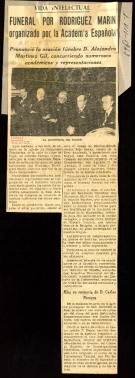 Recorte de prensa del diario Arriba con la noticia Vida Intelectual. Funeral por Rodríguez Marín ...