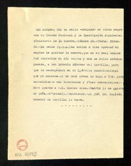 Copia simple del nombramiento de Antonio Cánovas del Castillo como auditor de guerra