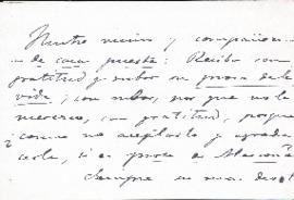 Tarjeta de visita de Manuel Tolosa Latour a Pedro Antonio de Alarcón para agradecerle un regalo