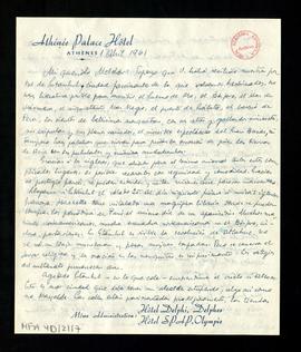 Carta de V. Gállego a Melchor Fernández Almagro sobre su estancia en Estambul y en Atenas