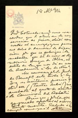 Carta de Antonio Maura a Emilio Cotarelo en el que le pide que no demore la disposición para que ...