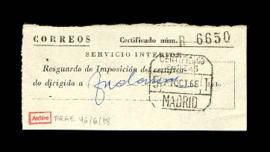 Resguardo de impreso certificado dirigido de Madrid a Tudanca el 21 de octubre de 1966