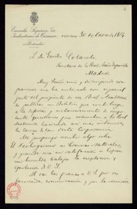 Carta de Ángel Sallent y Gotés a Emilio Cotarelo, secretario, en la que expresa su deseo de escri...