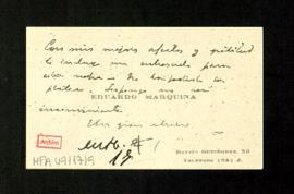 Tarjeta de Eduardo Marquina a Melchor Fernández Almagro con la que le envía entradas para un entr...