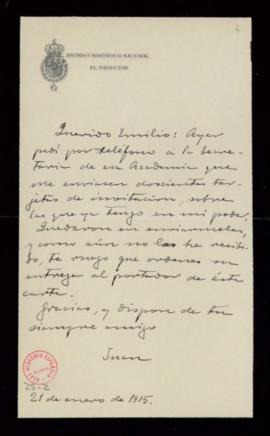 Carta de Juan [Menéndez Pidal] al secretario, Emilio [Cotarelo], en la que le ruega que ordene la...