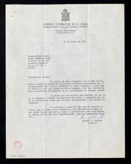 Carta de Hernán G. Peralta, director de la Academia Costarricense de la Lengua, a Ramón Menéndez ...