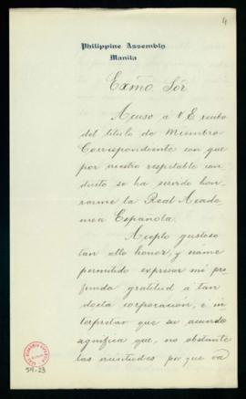 Carta de Macario Adriático a Mariano Catalina en la que acusa recibo de su título de académico co...