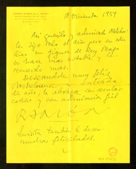 Carta de Ramón Gómez de la Serna a Melchor Fernández Almagro en la que le dice que le recuerda en...