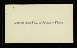 Tarjeta de visita de Antonia Solá, viuda de Miquel y Planas