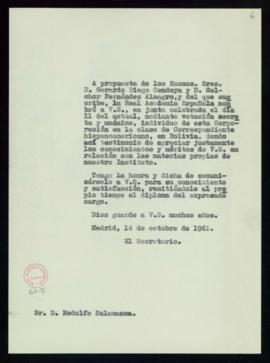 Copia sin firma del oficio del secretario a Rodolfo Salamanca de traslado de su nombramiento como...