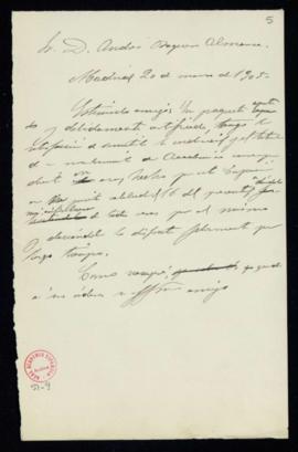 Minuta de la carta del secretario a Andrés Baquero Almansa en la que le indica que ha enviado por...