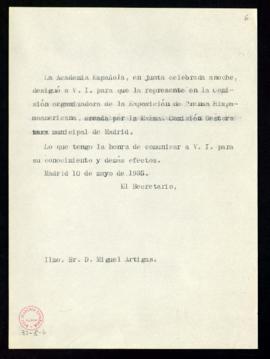 Copia sin firma del oficio del secretario a Miguel Artigas de traslado de su designación para que...
