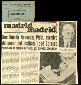 Recorte del diario Madrid con la noticia Don Ramón Menéndez Pidal, miembro de honor del Instituto...